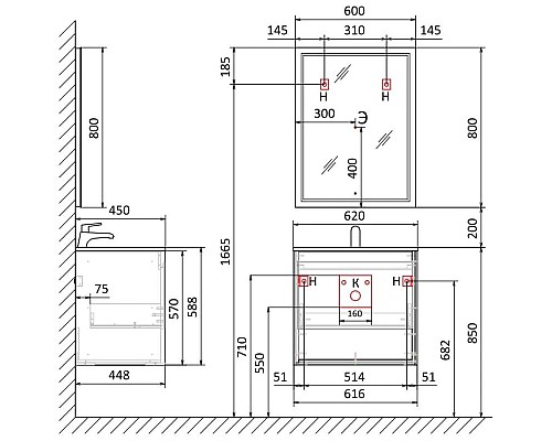 Купить Тумба белый/дуб 61,6 см Jorno Glass Gla.01.62/P/W в магазине сантехники Santeh-Crystal.ru