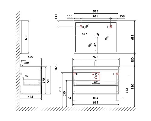 Заказать Тумба белый/дуб 96,6 см Jorno Glass Gla.01.97/P/W в магазине сантехники Santeh-Crystal.ru