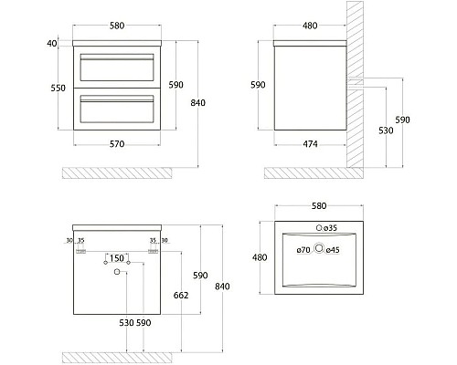 Приобрести Тумба Bianco Matt 57 см Art&Max Platino AM-Platino-580-2C-SO-BM в магазине сантехники Santeh-Crystal.ru