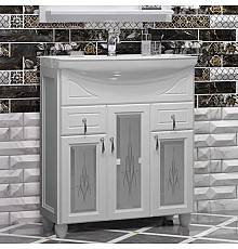 Тумба с раковиной белый матовый 76 см с художественным стеклом Opadiris Тибет