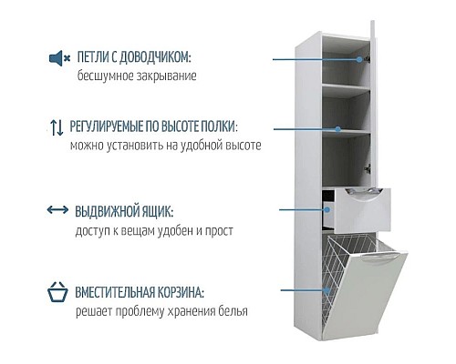 Приобрести Пенал подвесной дуб полярный с бельевой корзиной R Акватон Сильва 1A215603SIW7R в магазине сантехники Santeh-Crystal.ru