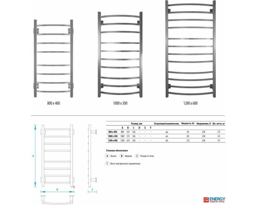 Приобрести Полотенцесушитель электрический 1000x500 Energy Grand EETRGRAND10050R903M в магазине сантехники Santeh-Crystal.ru