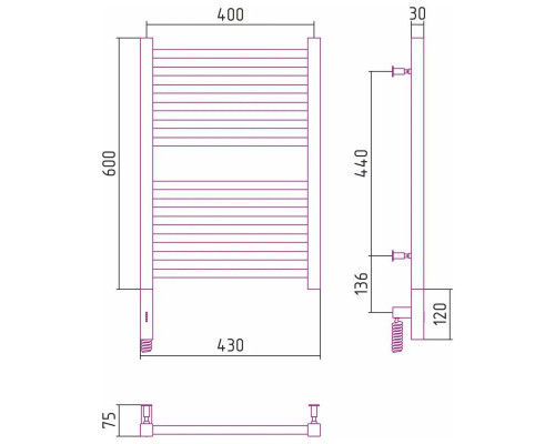 Купить Полотенцесушитель электрический 600х400 золотой МЭМ левый Сунержа Модус 3.0 03-5700-6040 в магазине сантехники Santeh-Crystal.ru