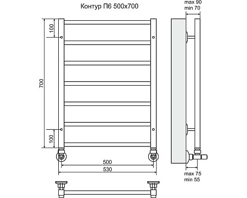 Заказать Полотенцесушитель водяной 700х530 подключение нижнее Terminus Контур П6 в магазине сантехники Santeh-Crystal.ru