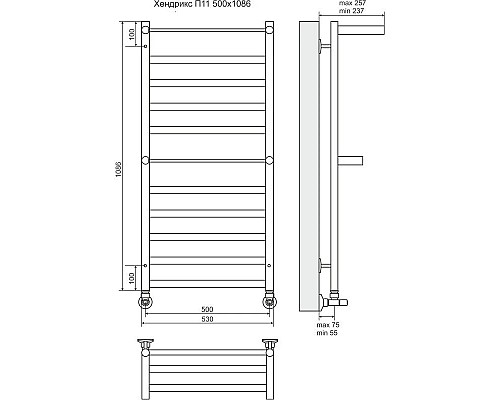 Приобрести Полотенцесушитель водяной 1086х530 подключение нижнее Terminus Хендрикс+ П11 в магазине сантехники Santeh-Crystal.ru