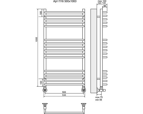 Купить Полотенцесушитель водяной 1000х530 подключение нижнее Terminus Арт П16 в магазине сантехники Santeh-Crystal.ru