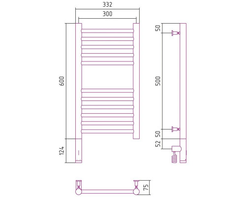Купить Полотенцесушитель электрический 600х300 сатин МЭМ левый, перемычка прямая Сунержа Богема 3.0 071-5804-6030 в магазине сантехники Santeh-Crystal.ru