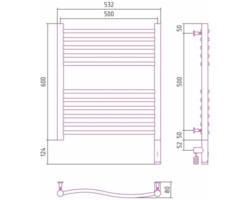Купить Полотенцесушитель электрический 600х500 состаренная латунь МЭМ правый Сунержа Флюид 3.0 051-5821-6050 в магазине сантехники Santeh-Crystal.ru