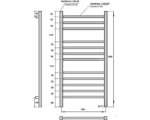 Заказать Полотенцесушитель электрический 990х530 диммер справа Point Вега П12 PN71850B в магазине сантехники Santeh-Crystal.ru