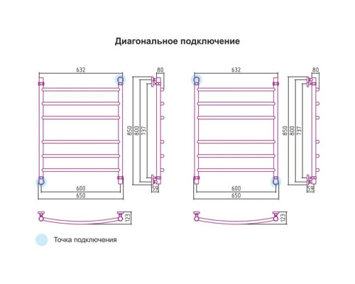 Купить Полотенцесушитель водяной 800x600 подключение диагональное/нижнее медь Сунержа Галант 02-0100-8060 в магазине сантехники Santeh-Crystal.ru