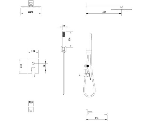 Душевой комплект Vincea Puro VSFW-5P1GM 248 мм, со смесителем, вороненая сталь