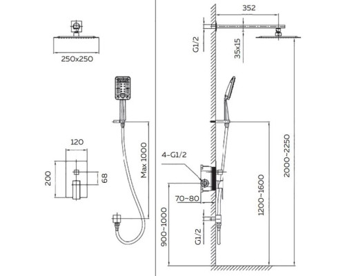 Душевой комплект 250 мм AltroBagno Lamberto AltroBagnoLamberto040105NeOp