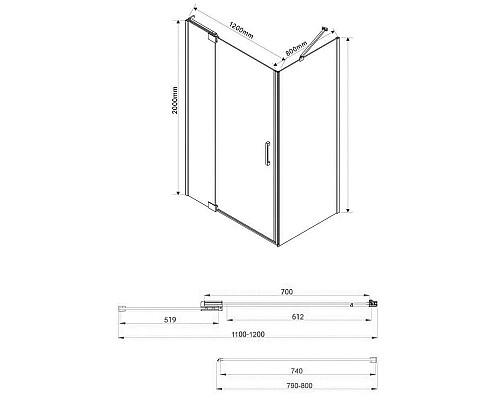 Душевой уголок 108,8-118,8x79 см Vincea Extra VSR-1E111280CLB прозрачное