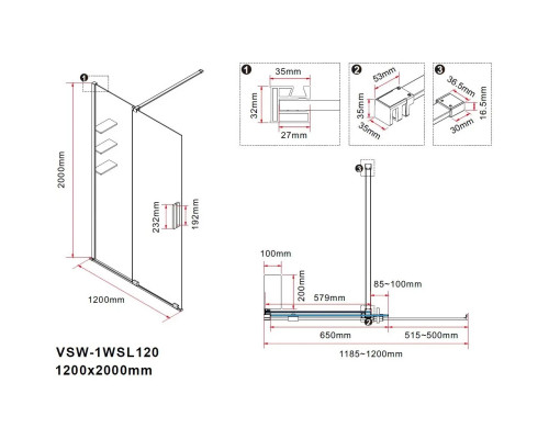 Душевая перегородка Vincea Walk-In WSL VSW-1WSL120GSGM 120 см, профиль вороненая сталь, стекло янтарное