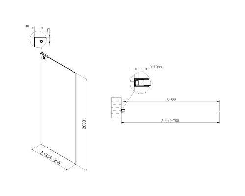 Душевая перегородка Vincea Walk-In HA VSW-7HA700CLB 70 см, профиль черный матовый, стекло прозрачное