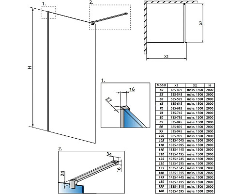 Купить Неподвижная перегородка Radaway Modo X II Black 50 прозрачное в магазине сантехники Santeh-Crystal.ru