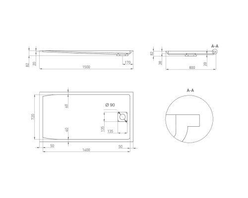 Душевой поддон из литьевого мрамора 150x80 см Salini S-Sense Capri, покраска по RAL матовый полностью 120211MF