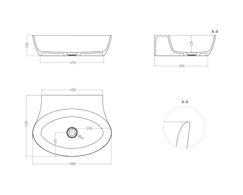 Раковина-чаша Salini S-Sense Alda Wall 01 140311GF 58x45 см, накладная, подвесная, покраска по RAL глянец полностью