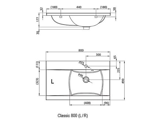 Заказать Умывальник 80 см Ravak Classic 800 L XJDL1180000 в магазине сантехники Santeh-Crystal.ru