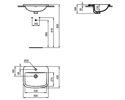 Купить Раковина встраиваемая сверху 50 см Ideal Standard Tempo T059201 в магазине сантехники Santeh-Crystal.ru