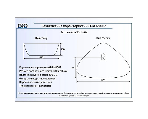 Заказать Раковина 67х44 см GID Simple N N9062 в магазине сантехники Santeh-Crystal.ru