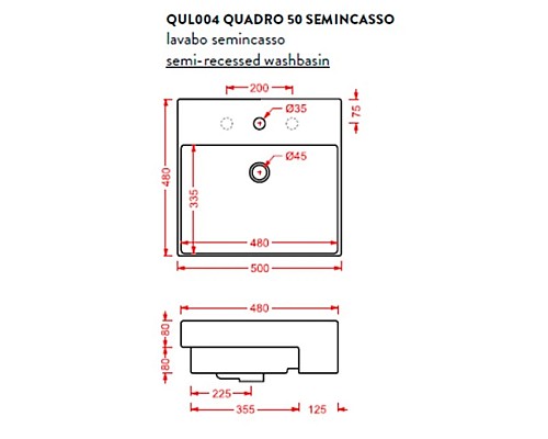 Купить Раковина 50x48 см Artceram Quadro Semincasso QUL004 01 00 bi в магазине сантехники Santeh-Crystal.ru