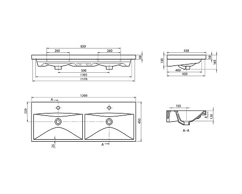 Заказать Раковина 120х45 см BelBagno Marino BB-0325-120-2-LVB в магазине сантехники Santeh-Crystal.ru