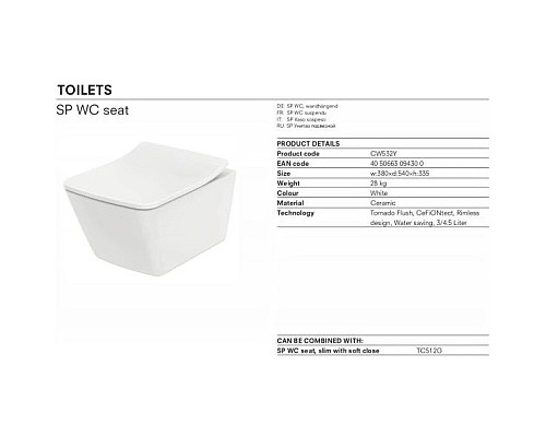 Купить Комплект подвесной унитаз Toto SP CW532Y + TC512F + система инсталляции Villeroy & Boch 92246100 в магазине сантехники Santeh-Crystal.ru