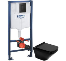 Комплект подвесной унитаз BelBagno Sela BB3201CHR-MB + BB3201SC-MB + система инсталляции Grohe 38811kf0