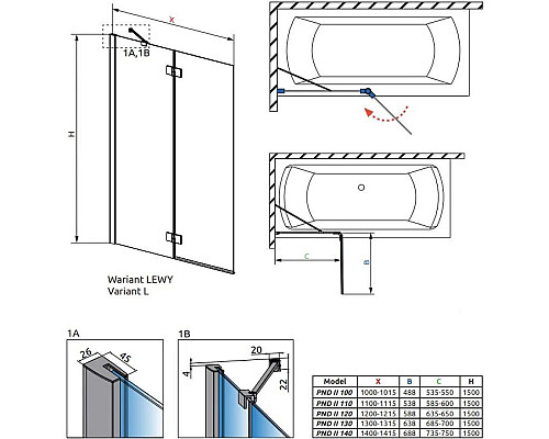 Заказать Шторка для ванны Radaway Essenza New PND II 100 L прозрачное в магазине сантехники Santeh-Crystal.ru