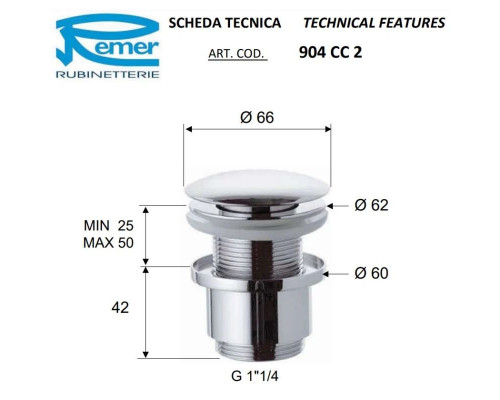 Купить Донный клапан Remer 904CC2114NO в магазине сантехники Santeh-Crystal.ru
