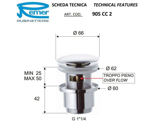 Купить Донный клапан Remer 905CC2114BO в магазине сантехники Santeh-Crystal.ru