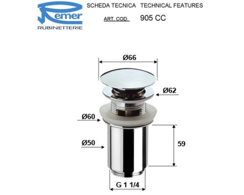 Заказать Донный клапан Remer 905CC114NO в магазине сантехники Santeh-Crystal.ru