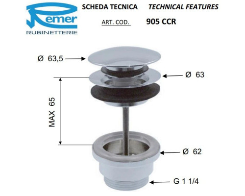 Купить Донный клапан Remer 905CCR114VO в магазине сантехники Santeh-Crystal.ru