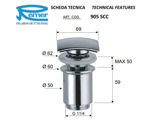 Заказать Донный клапан Remer 905SCC2114DO в магазине сантехники Santeh-Crystal.ru