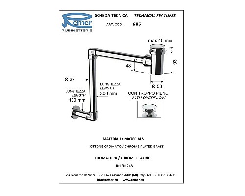 Заказать Сифон для раковины с донным клапаном с переливом Remer 985 в магазине сантехники Santeh-Crystal.ru