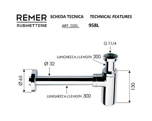 Заказать Сифон для раковины Remer 958LBO в магазине сантехники Santeh-Crystal.ru