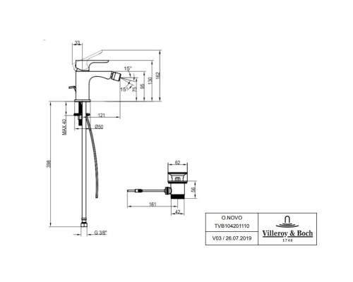 Купить Смеситель для биде с донным клапаном Villeroy & Boch O.Novo TVB10420111061 в магазине сантехники Santeh-Crystal.ru