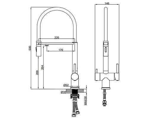 Смеситель для кухни AltroBagno Flusso AltroBagnoFlusso050201Ni с подключением к фильтру, с гибким изливом, никель