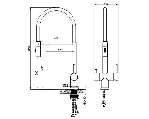 Смеситель для кухни AltroBagno Flusso AltroBagnoFlusso050202OrSp с подключением к фильтру, с гибким изливом, золотой матовый