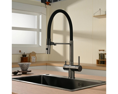 Смеситель для кухни Vincea VKF-120GM с подключением к фильтру, гибким изливом, вороненая сталь