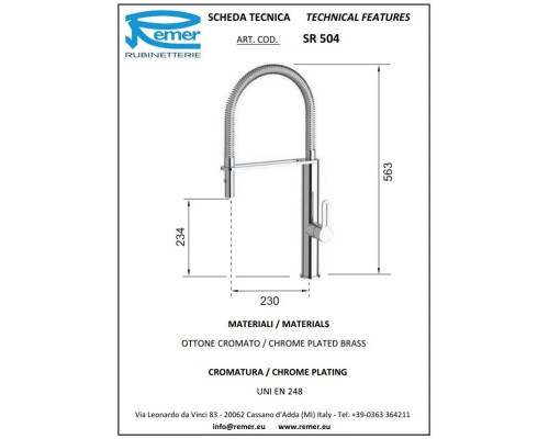 Заказать Смеситель для кухни Remer SR504 в магазине сантехники Santeh-Crystal.ru