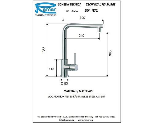 Приобрести Смеситель для кухни Remer 304 INOX 304N72 в магазине сантехники Santeh-Crystal.ru