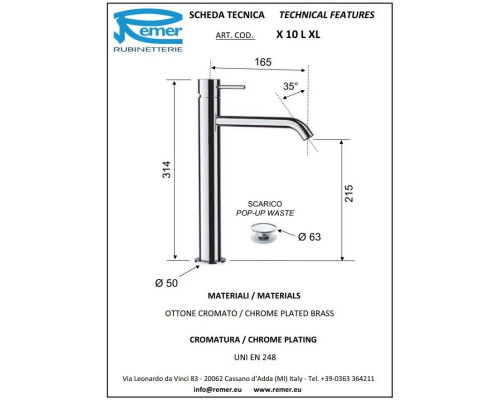 Заказать Смеситель для раковины с донным клапаном Remer X Style X10LXL в магазине сантехники Santeh-Crystal.ru