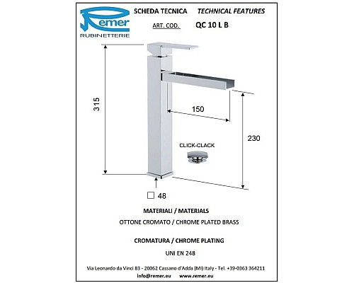 Заказать Смеситель для раковины с донным клапаном Remer Qubika Cascata QC10LB в магазине сантехники Santeh-Crystal.ru