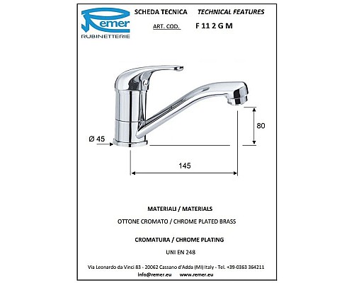 Купить Кран для холодной воды без донного клапана Remer Serie 35 F11GM в магазине сантехники Santeh-Crystal.ru