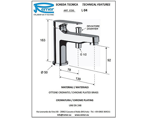 Приобрести Смеситель на борт ванны Remer Class Line L04 в магазине сантехники Santeh-Crystal.ru