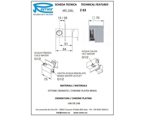 Купить Смеситель для душа Remer Flash Z63 в магазине сантехники Santeh-Crystal.ru