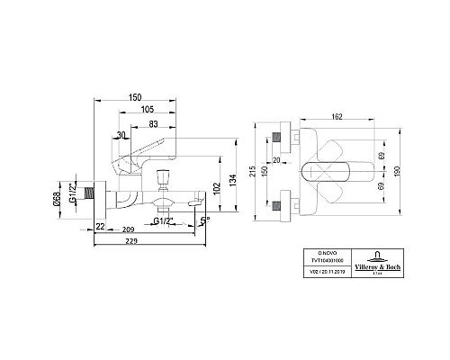 Заказать Смеситель для ванны Villeroy & Boch O.Novo TVT10400100061 в магазине сантехники Santeh-Crystal.ru