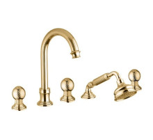 Смеситель на борт ванны с выдвижным душем и переключателем золото 24 карата, ручки металл Cezares Olimp OLIMP-BVD-03/24-M